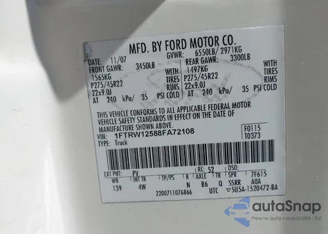 2008 Ford F-150 Harley-Davidson/Limited из США, поврежденный, VIN 1FTRW12588FA72108